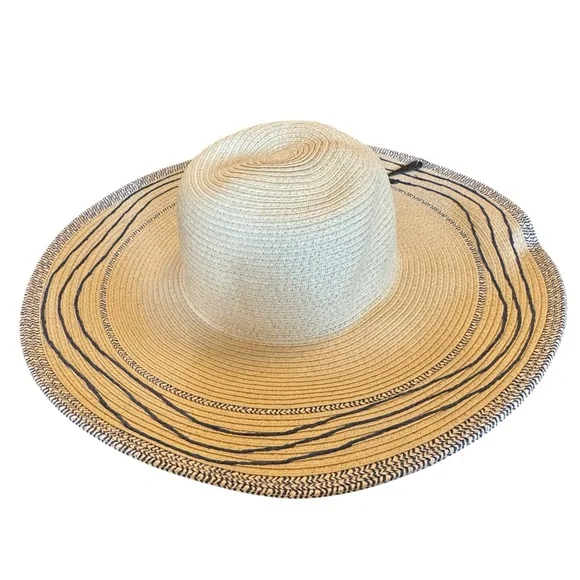 Women's Tan Wide Brim Sun Hat With Blue Trim - Picture 10 of 11